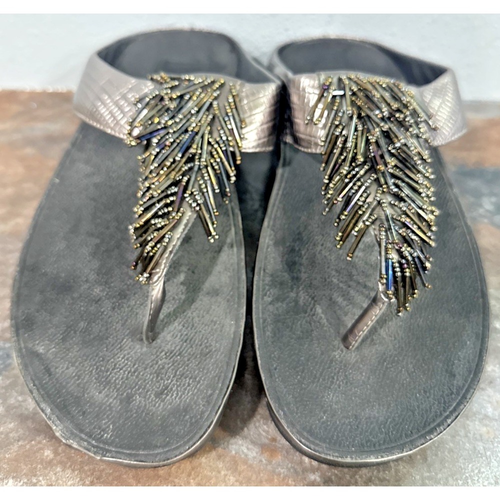 FitFlop Cha Cha Womens 7 Bronze Leather Beaded Fringe Thong Wedge Sandals